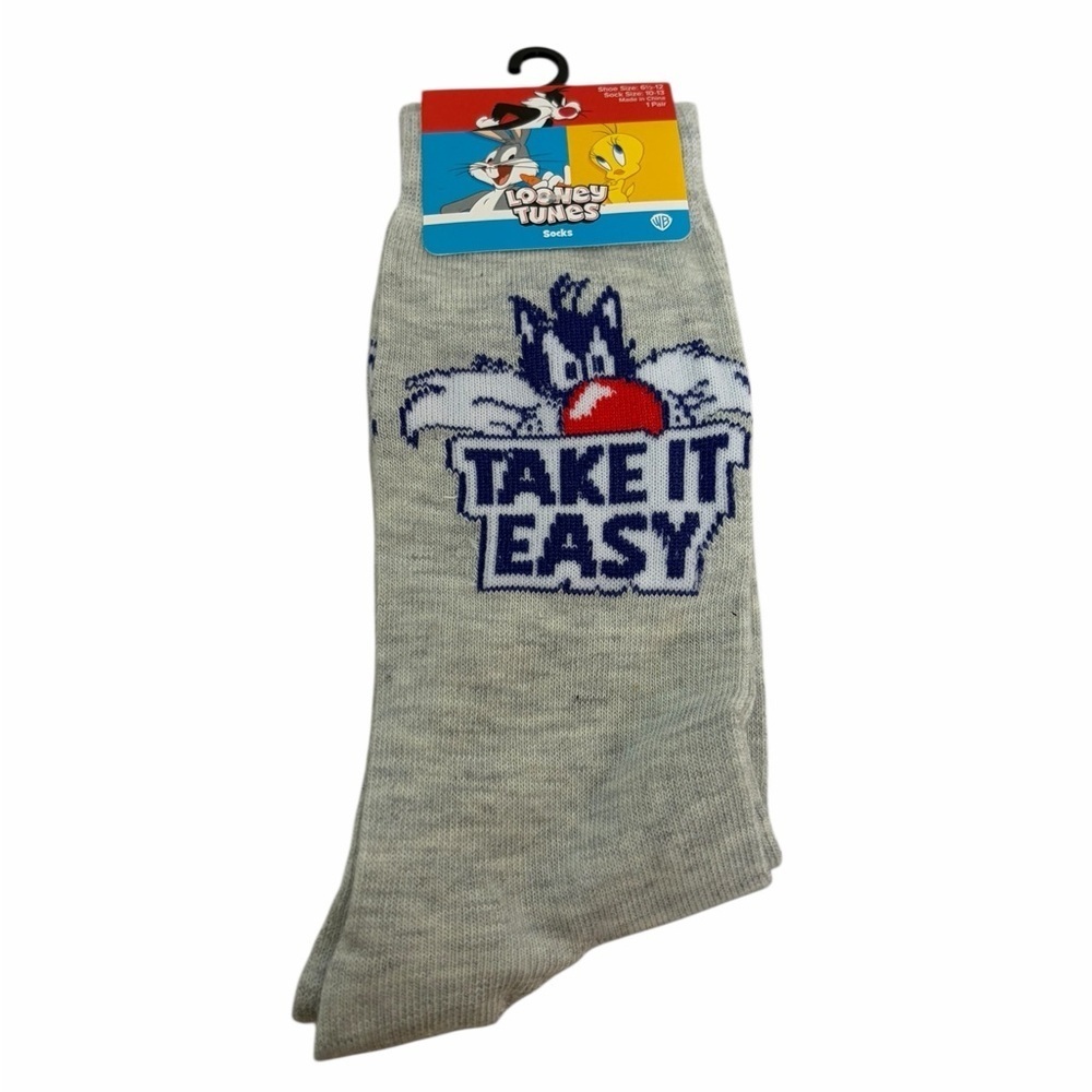 Looney Tunes Take It Easy Socks Gray Sylvester Tweety Cartoon Crew Socks